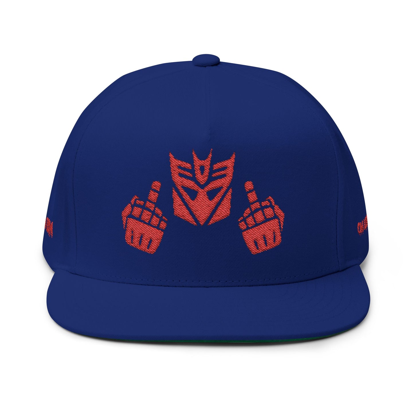 Embroidered Decepticon Flat Bill Cap — Retro Robot Logo Snapback