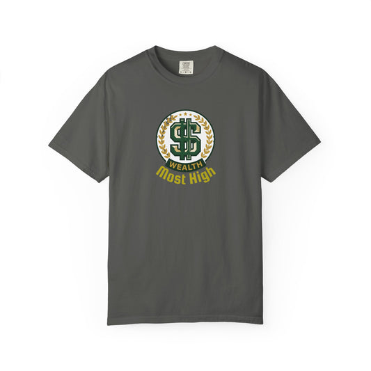 T-Shirt — Vintage Money Crest Front & Trippy Monster Back | "Wealth Most High" Graphic Tee
